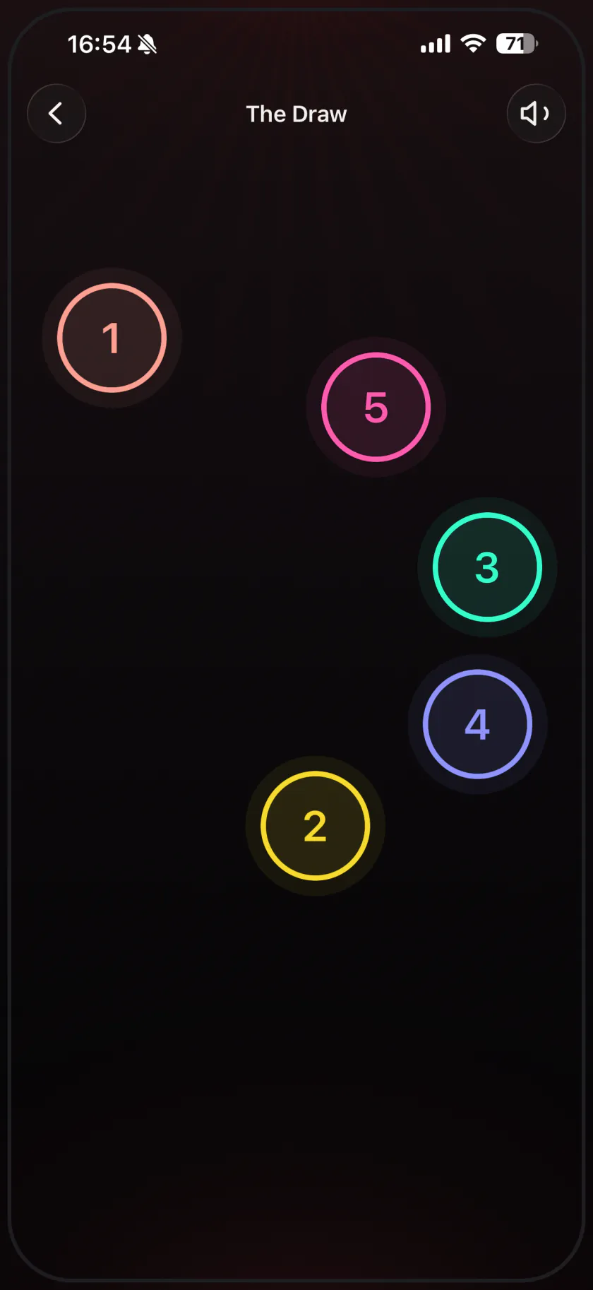 The Draw in progress: five numbered coloured rings on a dark screen, one under each player’s finger.