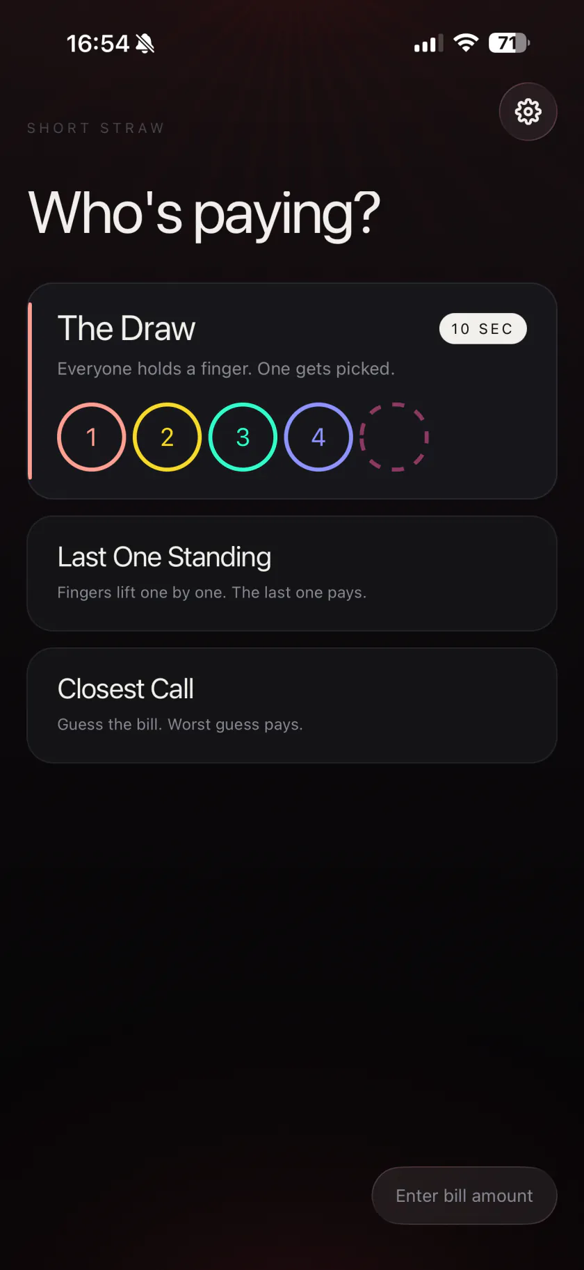 Short Straw home screen: “Who’s paying?” above cards for The Draw, Last One Standing and Closest Call, with four numbered rings on The Draw.