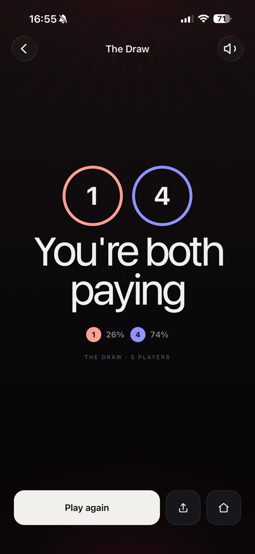 A result screen: “You’re both paying” for players 1 and 4, split 26% and 74%, in The Draw with five players.